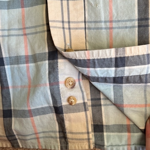 Barbour Heritage Button Down Tailored Long Sleeve Shirt Light Blue Tan Plaid - Picture 8 of 9